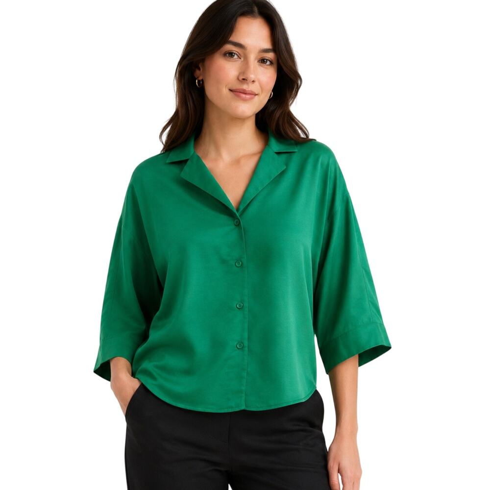 Moussy Green Satin Button-Front Dolman Sleeve Blouse Relaxed Fit One Size